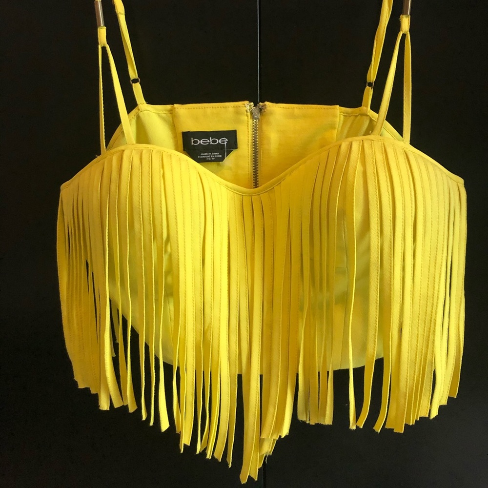 Bebe fringe electric yellow crop top